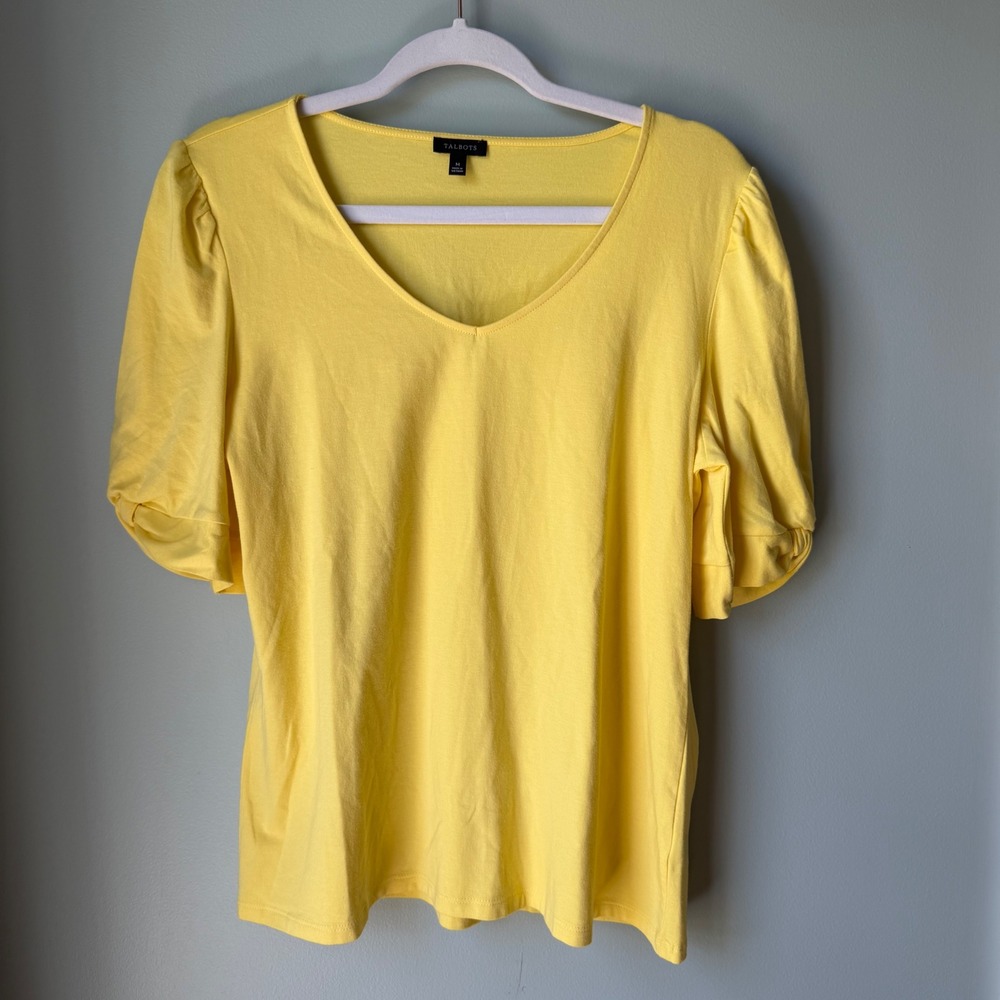 Talbots Yellow Top Puff Short Sleeve Modal Cotton Blend V-Neck Size Medium